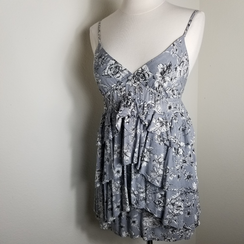 Billabong Gray Floral Tiered V-Neck Adjustable Strap Mini Dress | Size S